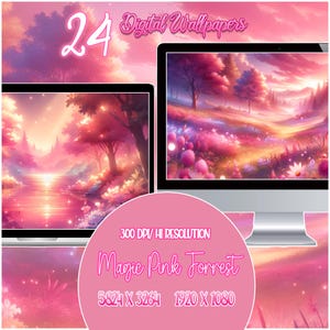 24 fonds d'écran numériques Lofi Anime Pink Magic Forest | Arrière-plan esthétique pour ordinateur de bureau et téléphone | Mignon| Téléchargement d'oeuvres d'art relaxantes
