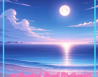 Pastelkleurige anime-strandachtergrond: Lofi-bureaubladachtergronden (digitale download)