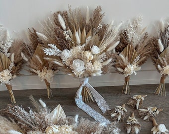 Wedding boho dried flowers bouquet, white bridal and bridesmaid bouquet, groom boutonnières wedding set,natural white boho bouquet