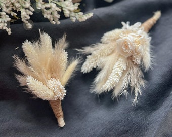 Boho dried flowers groom boutonniere for luxury rustic wedding with natural and white preserved flowers