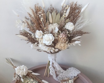 Wedding boho dried flowers bouquet, rustic bridal and bridesmaid bunches groom boutonnières wedding set,natural preserved floral arrangement