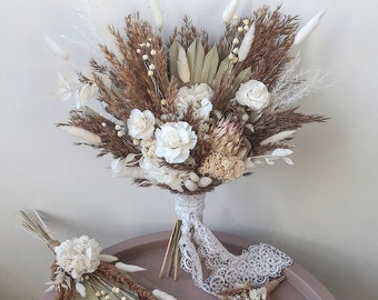 Wedding boho dried flowers bouquet, rustic bridal and bridesmaid bunches groom boutonnières wedding set,natural preserved floral arrangement