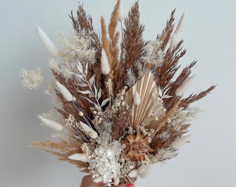 Bridal dried flowers bouquet for boho wedding in white and beige colors, bohemian bridesmaid rustic bouquet, home table decor for vase
