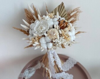 Wedding boho dried flowers bouquet for bohemian bride in white colors preserved flowers luxury bridal set arrangements