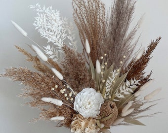 Ramo de flores secas boho de boda, ramo de novia de lujo boho en colores naturales y blancos, arreglos de boda de flores preservadas