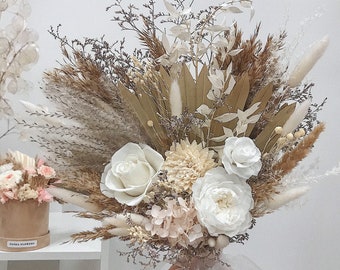 Wedding boho dried flowers bouquet for bohemian bride in white colors preserved flowers luxury large bridal arrangements