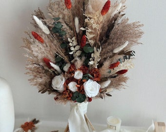 Boho terracotta wedding bouquet, rust terracotta bride and bridesmaid dried flowers bouquet, fall wedding bridal set