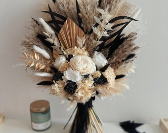 Boho dried flowers wedding bouquet, rust black and white bride and bridesmaid dried flowers arrangements , bohemian white wedding bridal set