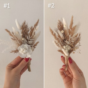 Boho dried flowers groom boutonniere for wedding with natural and white preserved flowers