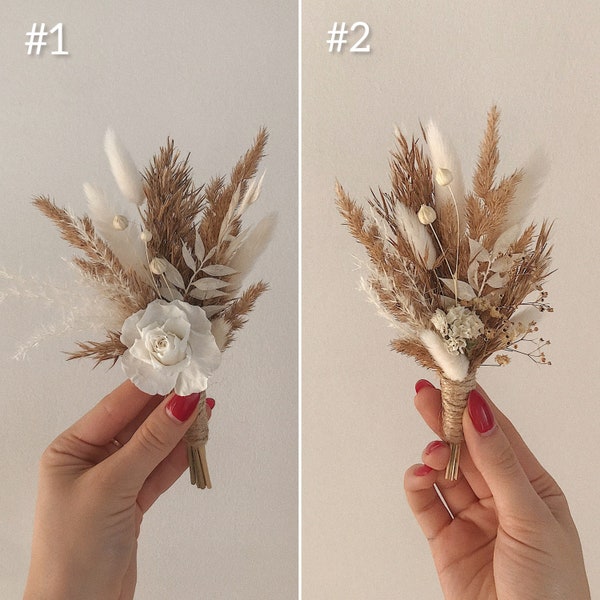 Boho dried flowers groom boutonniere for wedding with natural and white preserved flowers
