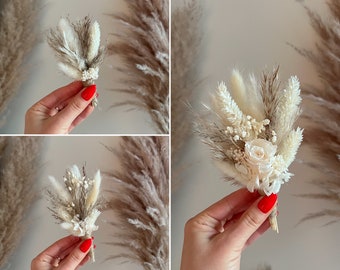 Boho dried flowers groom boutonniere for wedding with natural and white preserved flowers