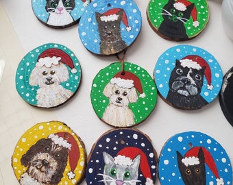 Custom Pet Ornament painted from Photo, Pet Santa Ornament, Christmas Ornament, Rustic Ornament, Dog Ornament, Cat Ornament, Custom Gift