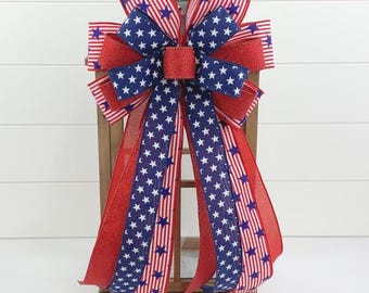 Patriotic Bow for Lanterns, Rustic Americana Bow, 4th of July Wreath Bow, Primitive Patriotic Decor, Red White Blue Door Bow, USA Flag Decor