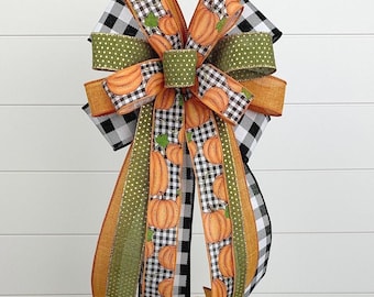 Fall Bow for Wreath, Lantern Bow, Black White Buffalo Plaid Bow, Autumn Farmhouse Decoration, Thanksgiving Front Door, Pumpkin Wedding Decor
