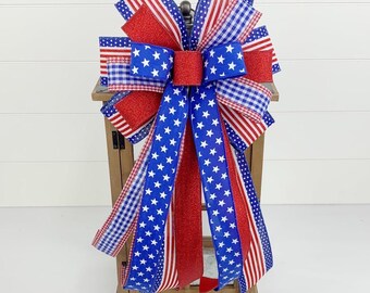 Patriotic Red White Blue Star Bow, Fourth of July Front Door Decor, Americana Bow for Wreath, Lantern Bow, 4th of July Summer Porch Decor