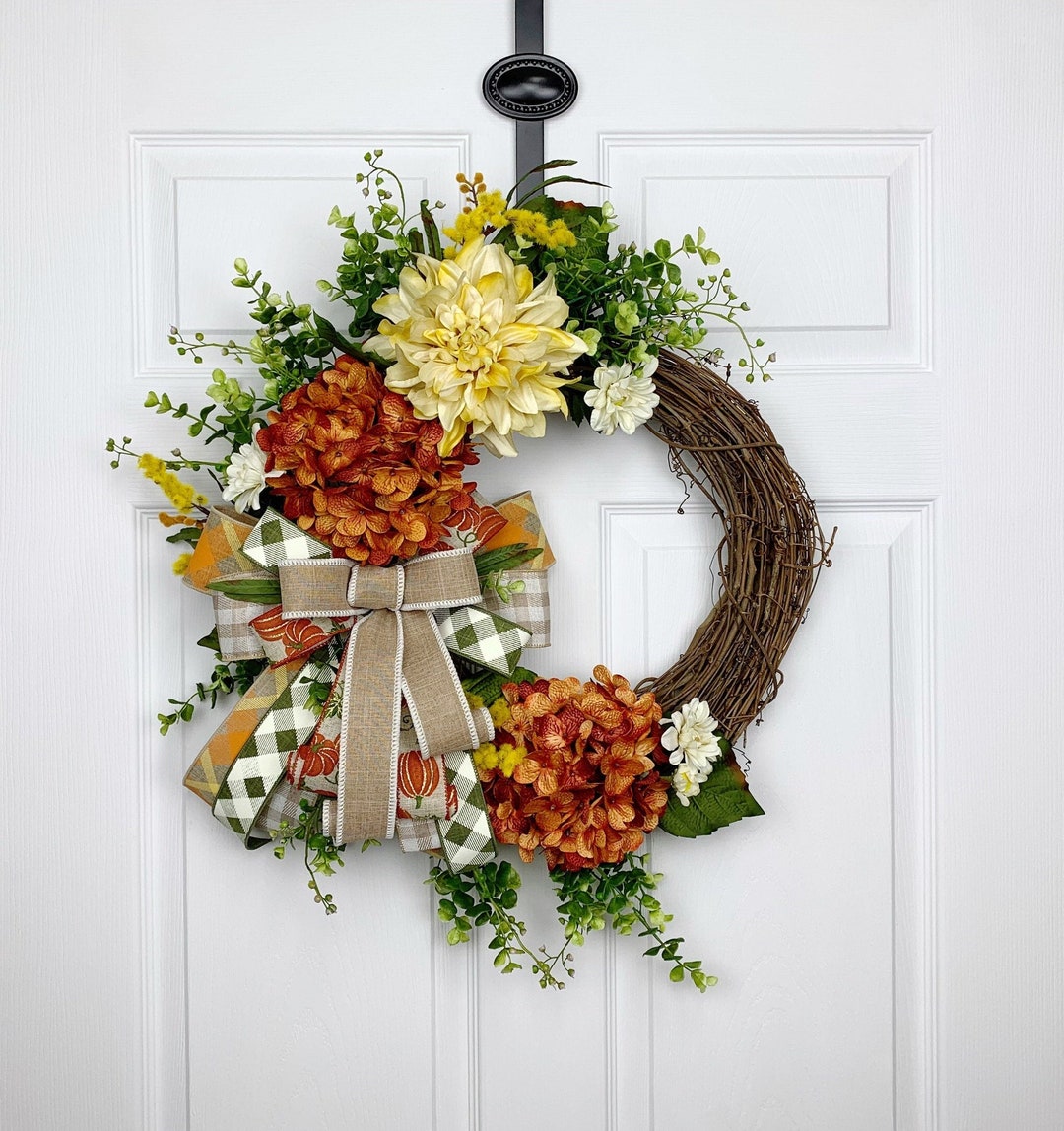 Fall Hydrangea Wreath for Front Door With Eucalyptus, Autumn Farmhouse ...