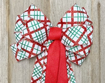 Red Green Christmas Wreath Bow, Premade Bow for Wreath, Lantern Bow, Farmhouse Bow for Wreath, Holiday Porch Decor, Yule Decoration