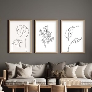 Botanical Line Art Prints Set Of 3, Tropical Leaves Printable Wall Art, Line Plants Wall Art, Minimal Botanical Prints, Modern Over Bed art