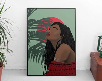 Black Woman Art, African American Art, Black Girl Wall Art, black girl wall art, Tropical girl art, abstract art, Printable Black Art