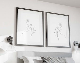 Flower Line Art Prints Set Of 2 Prints Floral Print Printable Wall Art Botanical Line Art Flower Wall Art Minimal Floral Prints