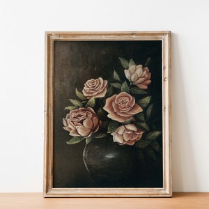 Rosen Öl Gemälde / Pfingstrosen Druck / DRUCKBARE Wandkunst / Blumen in Vase Malerei / Stimmungsvolle antike botanische Wandkunst / Viktorianisches Stillleben