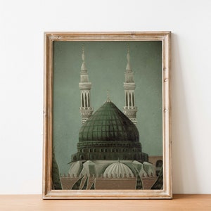 Islamic Wall Art Printable Al Masjid An Nabawi / Mosque Artwork PRINTABLE / Downloadable Oilpainting Digital / Madina Masjid Green Art