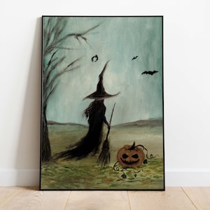 halloween wall art printables oil painting witch with broomstick, vintage gothic halloween print, halloween wall decor, digital download