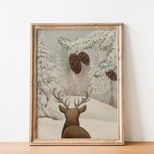 Deer in winter forest landscape art printable, Christmas Vintage Snowy Tree Print, Winter wall art reindeer, Christmas Gift Idea Art poster image 1