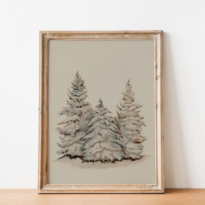 Vintage Christmas Wall Art Printable, Christmas Pine Tree Art, Winter Painting, Snowy Evergreen Winter Trees Wall Art, digital download