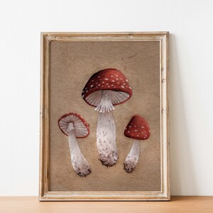 red mushrooms wall art printable, fall vintage style mushroom print, fall decor, instant download art from my original oil painting