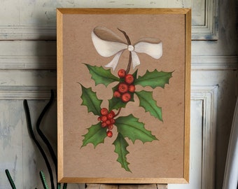 Red Holly Berry Christmas Printables, Christmas Printable Art, Christmas Wall Art, Botanical Winter Painting, Vintage Christmas Decoration