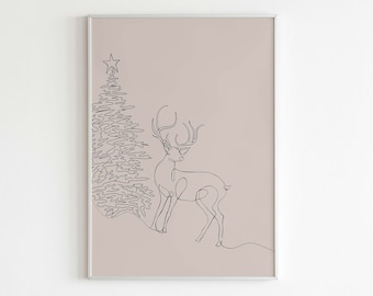 Christmas reindeer one line art, minimalist winter sketch deer and pine tree, winter wall art, xmas decor, instant download, neutral poster
