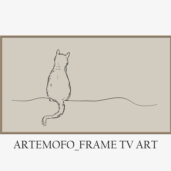 Samsung Frame TV Art cat one line / boho easter art for TV / Digital TV Art instant download / Mid Century Decor / neutral art for tv cat
