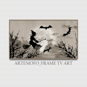 Arte de Halloween para TV con marco Samsung, Bruja espeluznante a la luz de la luna, Arte de Halloween con marco Samsung, Descarga digital de Halloween