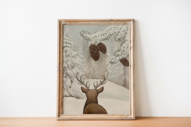 Deer in winter forest landscape art printable, Christmas Vintage Snowy Tree Print, Winter wall art reindeer, Christmas Gift Idea Art poster image 1