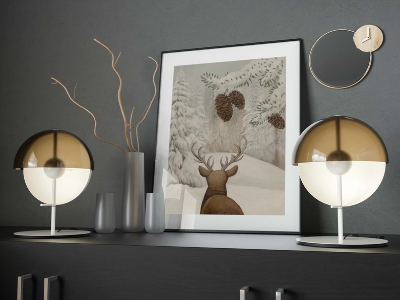 Deer in winter forest landscape art printable, Christmas Vintage Snowy Tree Print, Winter wall art reindeer, Christmas Gift Idea Art poster image 9