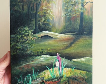 Reflection forest painting, oil painting landscape, sunlight romantic painting, small flower original painting, realistic nature painting