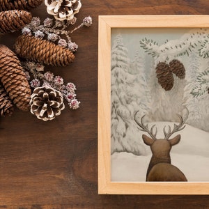 Deer in winter forest landscape art printable, Christmas Vintage Snowy Tree Print, Winter wall art reindeer, Christmas Gift Idea Art poster image 10