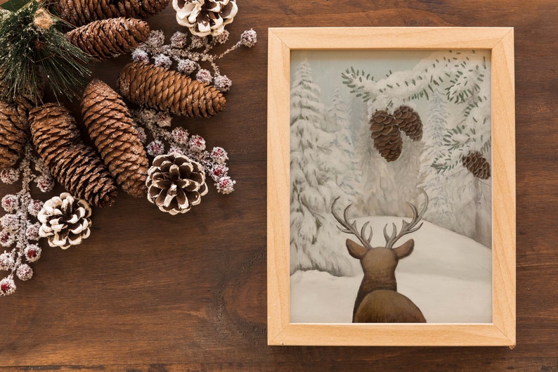 Deer in winter forest landscape art printable, Christmas Vintage Snowy Tree Print, Winter wall art reindeer, Christmas Gift Idea Art poster image 10