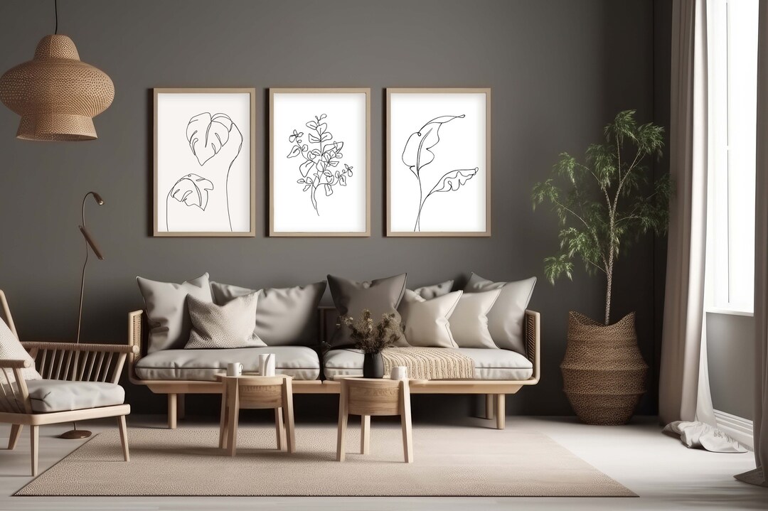 Botanical Line Art Prints Set of 3, Tropical Leaves Printable Wall Art ...