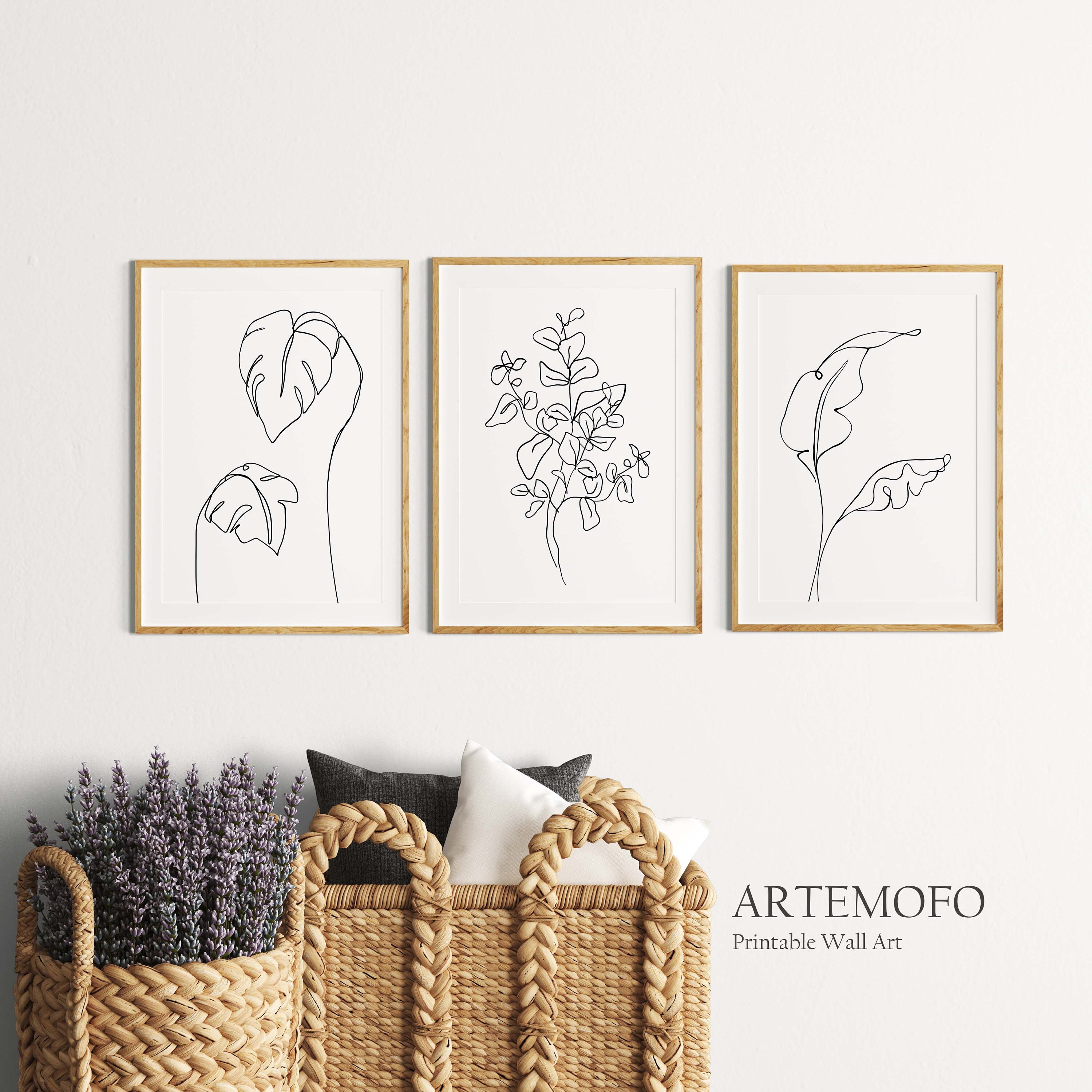 Botanical Line Art Prints Set of 3 Tropical Leaves Printable - Etsy