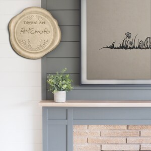 May include: A beige, circular seal with the text "Digital Art Artemofo" and a floral design. A framed print with a black silhouette of grass, flowers, and Easter eggs is displayed. A small potted plant sits on a wooden mantel.