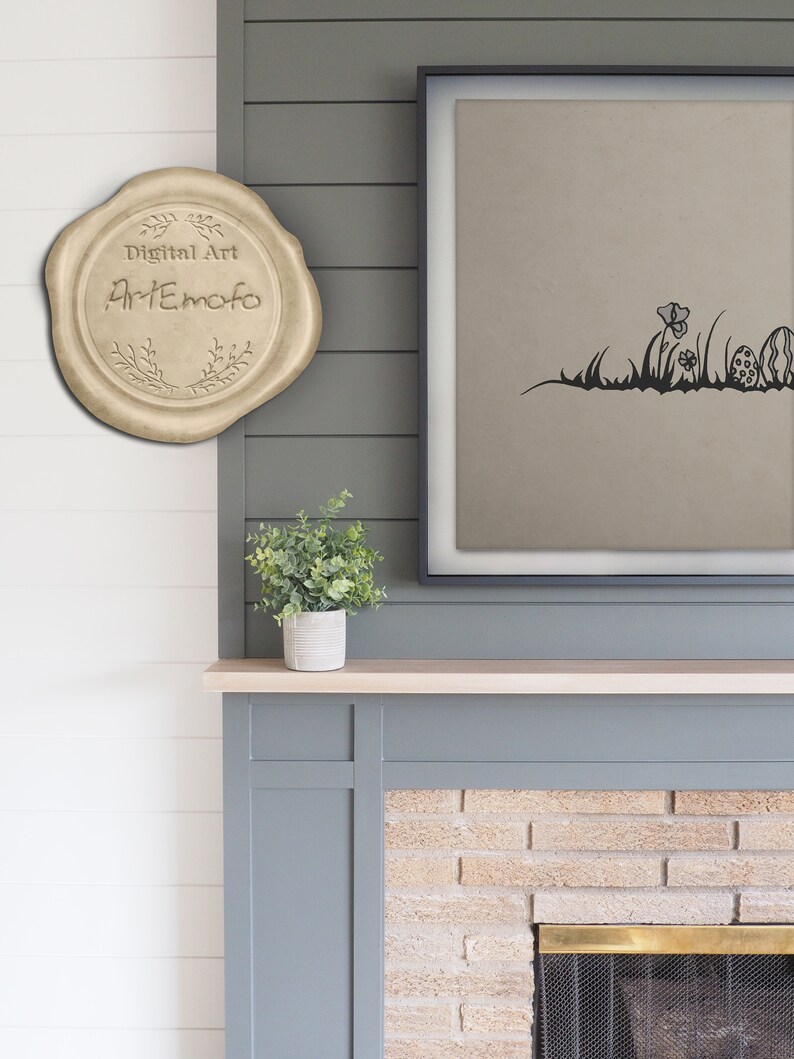 May include: A beige, circular seal with the text "Digital Art Artemofo" and a floral design. A framed print with a black silhouette of grass, flowers, and Easter eggs is displayed. A small potted plant sits on a wooden mantel.