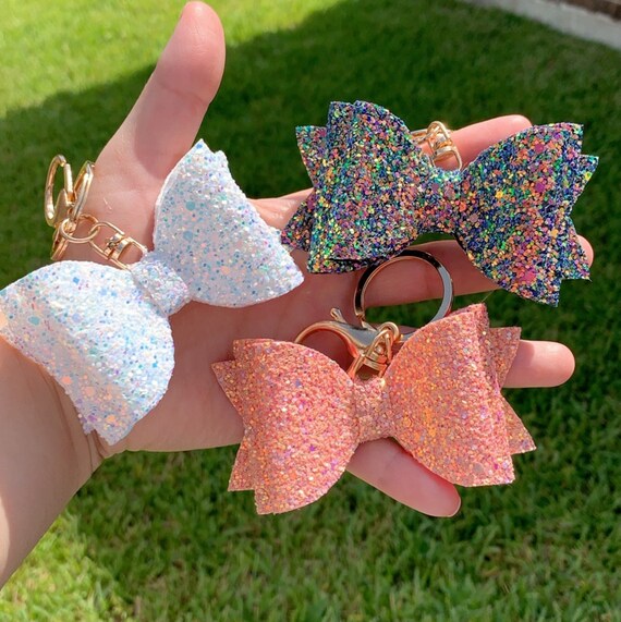 Glitter Bow Keychain, Purse Keychain, Diaper Bag Keychain, Backpack Keychain, Sparkly Keychain, Pink Glitter, White Glitter, Black Glitter