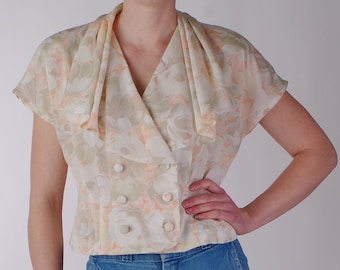 80’s Vintage Short Sleeve Floral Double Breasted Blouse With Cape Collar - Aphrodite England Quality - Medium