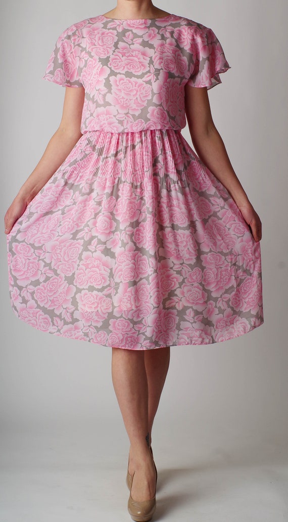 80’s Vintage Pink Rose Blouson Dress - Medium - image 5