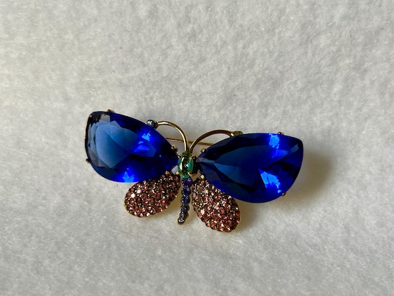 Vintage Monet Signed Blue Butterfly Rhinestone Brooch