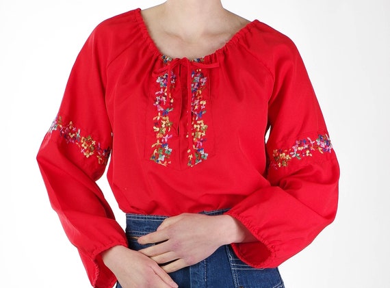 70’s Vintage Red Tunic Blouse With Colorful Flora… - image 6