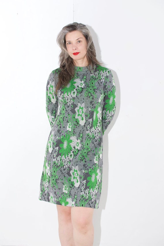 Vintage Gray and Green Floral Long Sleeve Sheath … - image 3