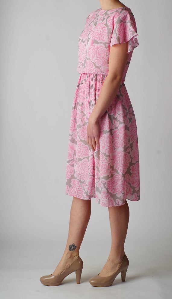 80’s Vintage Pink Rose Blouson Dress - Medium - image 3